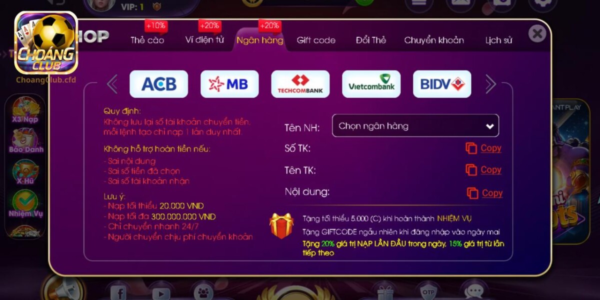 Nạp tiền vào Choang Club bằng chuyển khoản ngân hàng